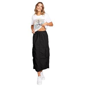 New Black Cargo Parachute Long Maxi Skirt Size Medium
